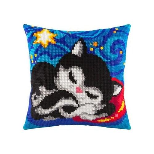 Latch Hook Cushion Yarn for Cushion Cover Blue Cat Pillow Case Home Decorative Sofa Cushion Printed Canvas Pillow