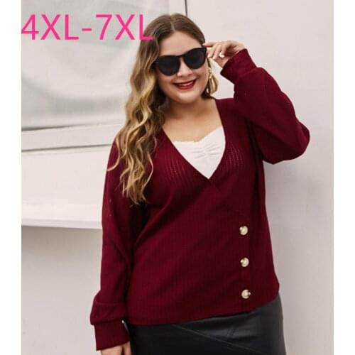 New 2020 spring autumn plus size knit tops for women large long sleeve loose casual red thin V neck sweater coat 4XL 5XL 6XL 7XL