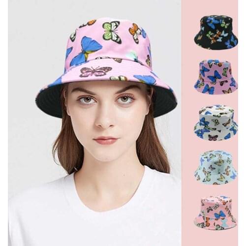 New Women Bucket Hats Colorful Butterfly Embroidered Fisherman Hat Outdoor Casual Sun Hat Fashion Double Sided Summer Visor Caps