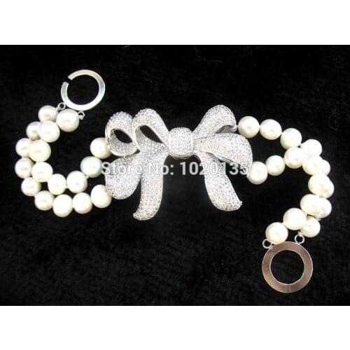 One set 2rows freshwater pearl white near round 8-9mm and bowknot necklace bracelet 19-20inch fashion for gift