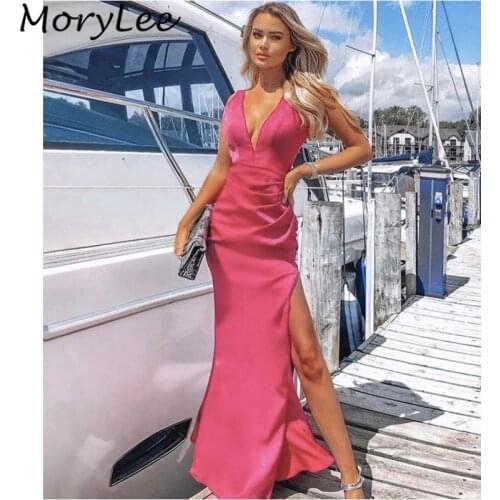 Prom Dresses Fantastic V-Neck Spaghetti Straps Side Slit Silk Satin Mermaid Prom Dresses With Zipper vestidos de fiesta de noche