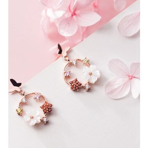 Butterfly Drop Earrings for Women Round Enamel Flower Charm Crystal 925 Sterling Silver Luxury Dangle Ear Wedding Fine Jewelry