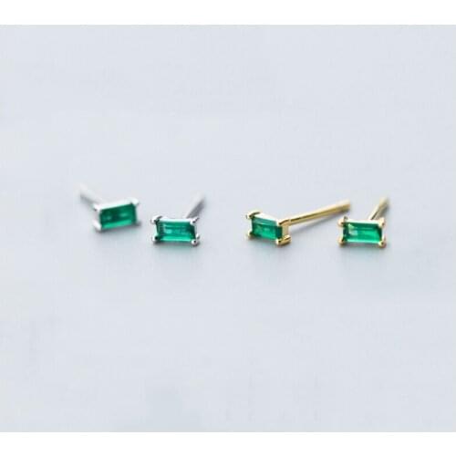 Real 925 Sterling Silver Green Zircon Rectangle Stud Earrings For Charming Women Party 18K Golden Fine Jewelry Punk Accessories