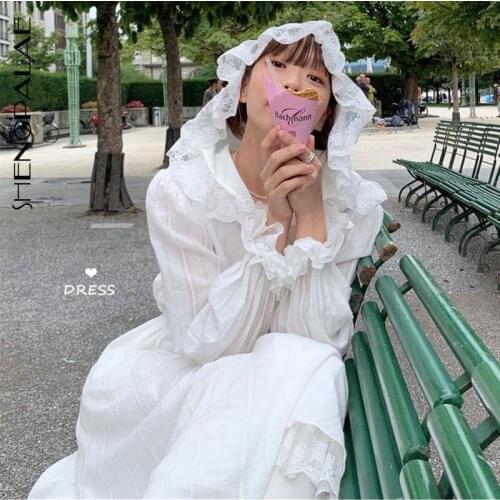 SHENGPALAE 2021 New Spring White Long Sleeve Hooded Women Vestidos Split Joint Lace Loose Korean Fashion Women Dress FU090