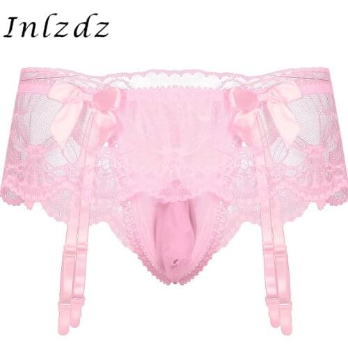 Mens Lingerie Sissy Panties Low Rise Ruffle Lace Underwear Bulge Pouch T-back Briefs with Two Small Bowknot Hot Sexy Nightwear