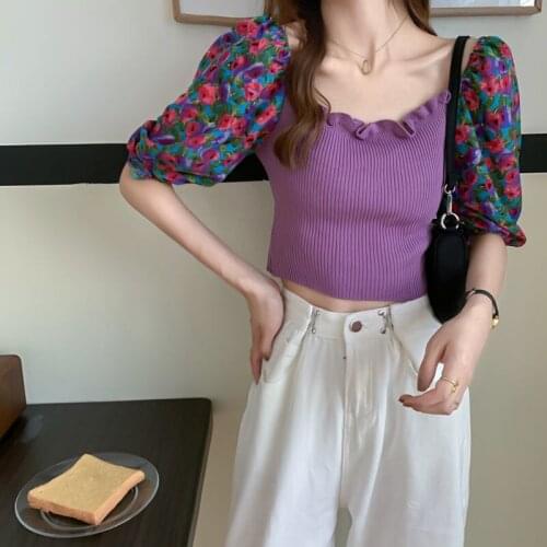 Woman Tshirts Puff Sleeve Top Woman Square-Neck Short Summer Patchwork Knitting Short Sleeve Crop Top Mujer Camisetas