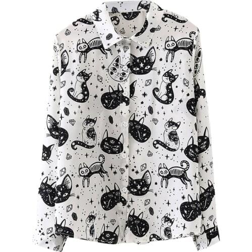 Halloween Women Shirt Halloween Horror Skull Autumn Women Long Sleeve Art Cat Print Tops Shirt Casual Loose Blouse Camisas #38