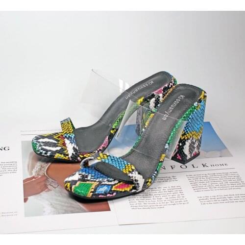 Trendy Style New Square High Heels Plus Size 42 Snake Print Colorful Summer Women Shoes Woman Sandals Female Mules Pumps