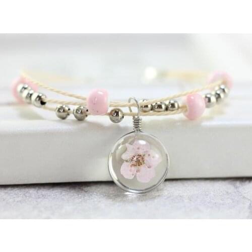Dried Flowers Cherry Blossoms Glass Ball Bracelets for Women Handmade Jewelry Ceramic Beads Fashion Bracelets &bangle Pink Blue