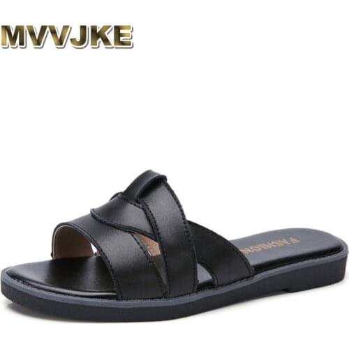 MVVJKE Summer women slippers slip on round toe flat slides beach sandals women white black leather slippers flip flops slippers