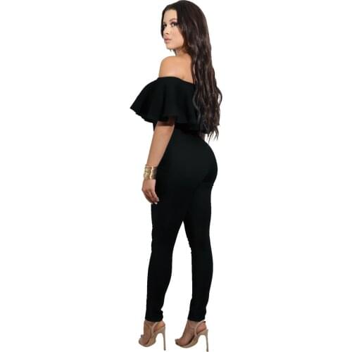 Slash Neck Ruffles One Piece Jumpsuits Overalls Black Off Shoulder Bodysuit Women Sexy Club Bodycon Rompers Combinaison Femme