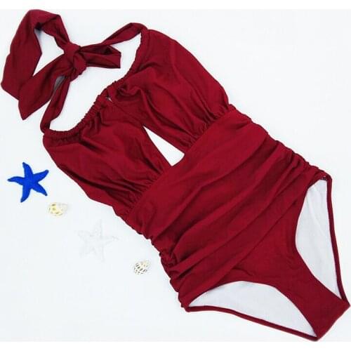 Vintage High Neck Plus Size One Piece Swimsuit Ruched Push Up Bathing Suit For Women Retro Monokini High Waist Swimwear Bodysuit