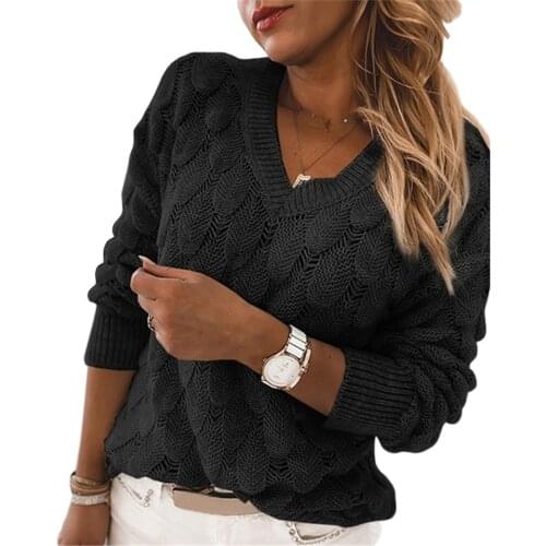 Women Knitted Sweater, Autumn and Winter Hollow Out Feather Pattern Long Sleeve V-neck Pullover