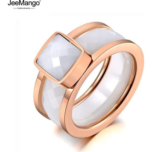 JeeMango Trendy Titanium Stainless Steel White/Black Cut Ceramic Rings For Women Girl Elegant Charm Wedding Ring Jewelry JR19134