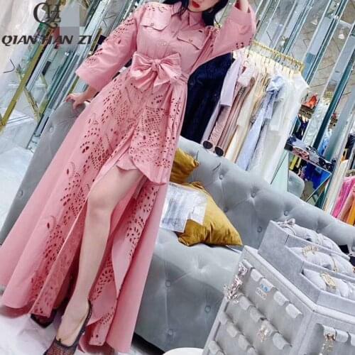 Qian Han Zi Autumn Runway Pink Fashion Elegant Maxi Dress Womens flared sleeves embroidered hollow belt Slim Long dress