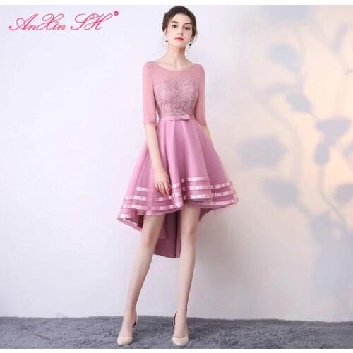 AXJFU pink lace Evening dress navy blue spring summer new host high/low bow champagne evening dress fashion little black dress