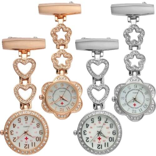 10pcs/lot 4 Styles Flowers Stars Love Heart Design Alloy Pins Quartz FOB Pocket Watches for Nurse Doctor Hospital Workers Women