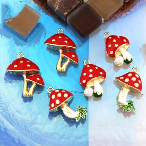 10Pcs Gold-tone Mushroom Charms with Red Enamel Mushroom Faux Pearl Pendant Vegetable Jewelry Supply Mushroom Earrings Finding