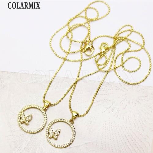 6 Pcs Gold Butterfly Round pendants necklace beaded chain simple jewelry necklace wholesale women jewelry gift 7341
