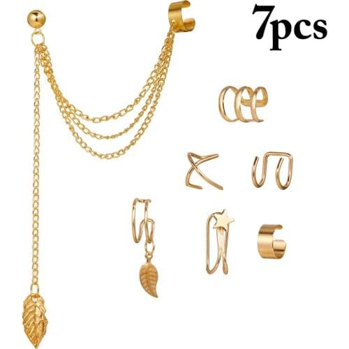 7PCS Women Girls Earrings Leaf Irregular Cuff Earrings Chain Earrings Dangle Earrings Personality Metal Ear Clip Jewellery