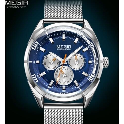 MEGIR Blue Face Quartz Watches Men 2020 Luxury Mesh Strap Waterproof Wrist Watch Mens Military Sport Week Date Watches Luminous