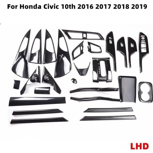 For Honda Civic 10th LHD Interior Mouldings Car Carbon Fiber Pattern Decorative Steering Wheel Air Outlet Partner Panel ABS Set