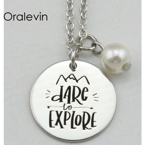 Hot Fashion DARE TO EXPLORE Inspirational Hand Stamped Engraved Custom Pendant Female Necklace Gift Jewelry,10Pcs/Lot, #LN2114