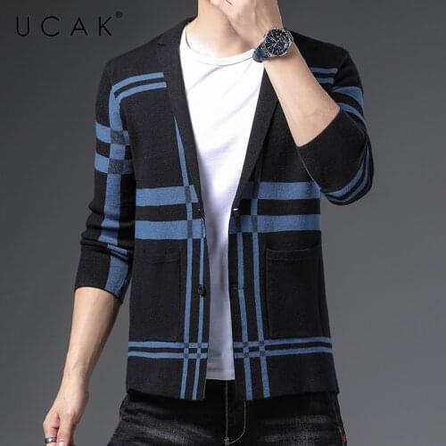 UCAK Brand Classic Casual Turn-down Collar Cardigan Men Sweatercoat Clothing Autumn Streetwear Striped Cardigan Pull Homme U1264