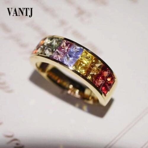 VANTJ 100% Natural Multicolor Sapphire Rings Sterling 10K Gold Gemstone Fine Jewelry for Women Party Wedding Birthday Gift