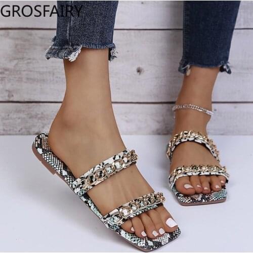 Summer Womens Slippers 2021 High Quality Rhinestone Metal Surface Ladies Casual Summer Beach Shoes Women Flat Sandals