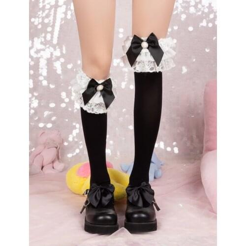 Multilayer Lolita Large Lace Bow Beads Velvet Tube Knee Socks