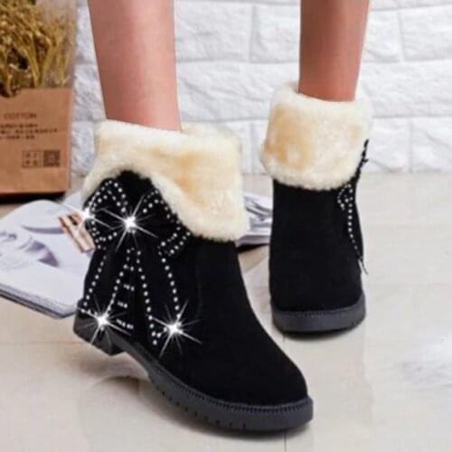 Fashion Womens Boots Shoes Bow Rhinestone Thick-soled Winter Snow Boots Winter Ankle Short Boots Warm Snow Shoes Plus Size