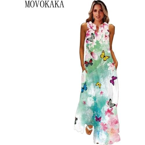 MOVOKAKA Fashion Butterfly Printed Green Dress 2021 Beach Casual Plus Size Long Dresses Summer Woman Sleeveless Maxi Dress Women