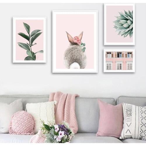 Modern Pink Style Wall Art Canvas Poster Plant Art Print Rabbit Painting Nordic Pink House Decorative Picture Home Decor