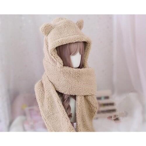 Plush Bear Ear Cap and scarf Japanese Furry Earmuffs Hat Autumn Winter Kawaii Korean Warm Students Hat B836