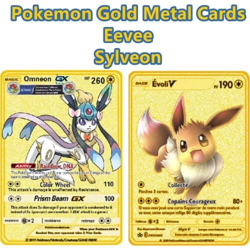 Pokemon Gold Metal Flash Card Eevee Sylveon Mewtwo Mew Pikachu Game Battle Collection Trading Card Action Figure Model Child Toy