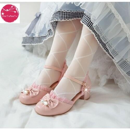 Spring Summer Lolita Princess Sandals Lace Ruffles Jk Uniform Cosplay Party Block High Heels Ladies Leather Shoes Sweet Cute Bow