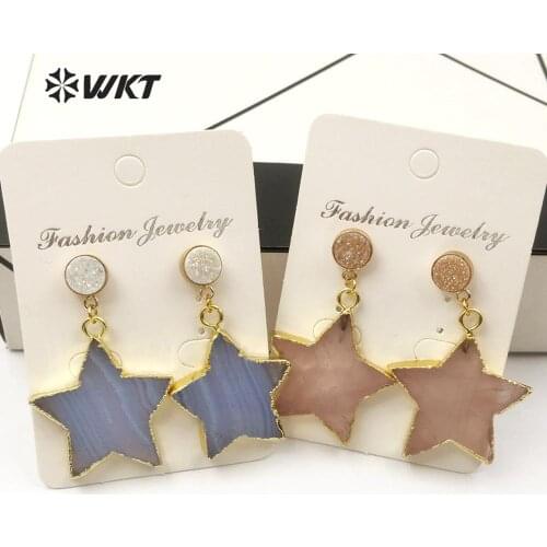 WT-E541 Blue Agates Pink Quartz White Crystal Earring Cute Star Shape Pendant With Druzy Stud Boho Earring Fashion Earring