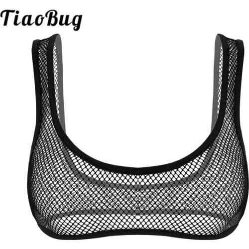 TiaoBug Women Hot Sexy Lingerie See Through Fishnet Wide Shoulder Straps Deep U-neck Erotic Crop Tops Transparent Mesh Bra Top