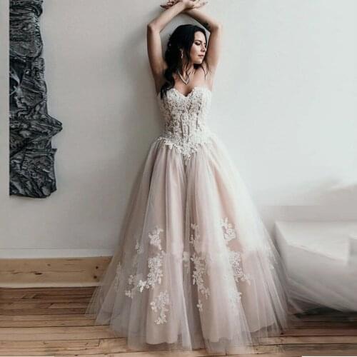 Tulle Wedding Dresses Floor Length Sweetheart Champagne Lace up Bridal Dresses vestido de noiva