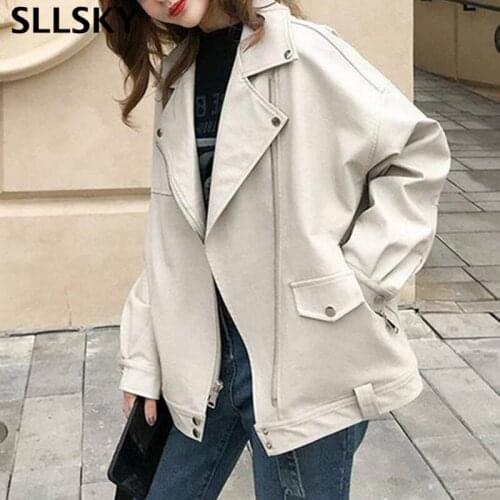 SLLSKY Fashion Oversized Coat Women Faux Leather Jacket Spring Autumn Loose Biker Motorcycle Jackets Female Punk Streetwear