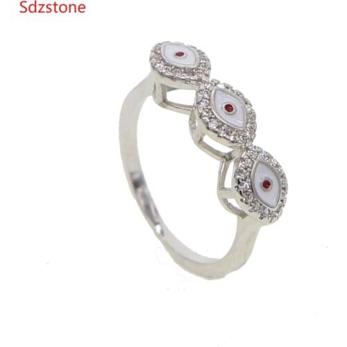 Ladies evil eye rings silver color blue white enamel three lucky eye charm size 6 7 8 for women finger ring jewelry