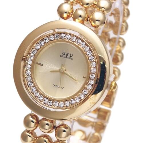 G&D Womens Quartz Wristwatches Stainless Steel Relojes Mujer Fashion Crystal Dress Bracelet Watch Relogio Feminino Gold/Silver