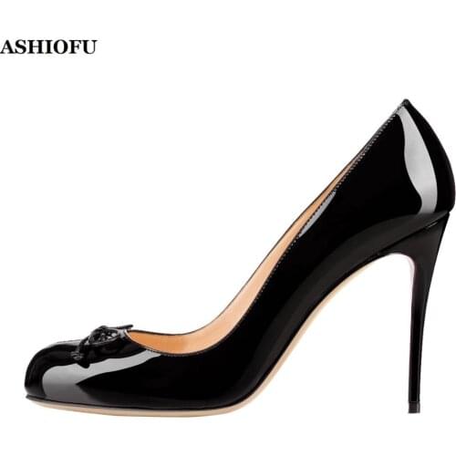 ASHIOFU Handmade New Ladies Stiletto Heel Pumps Botterfly-knot Patent Leather Party Dress Shoes Evening Club Fashion Court Shoes
