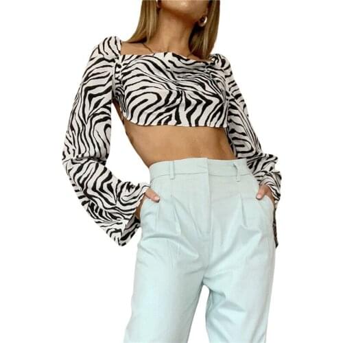 Women Long Sleeve Tie-up Crop Tops Adults Zebra-stripe Print Flare Sleeve Square Collar T-shirt Elegant Ladies Backless Clothes