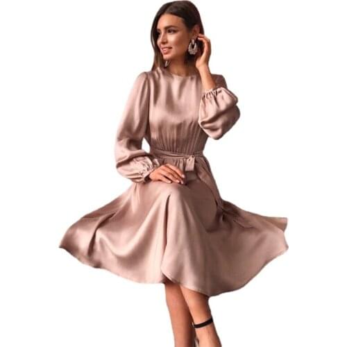 Women Vintage Sashes Satin A-line Dress Lantern Sleeve O Neck Solid Elegant Casual Party Dress Summer OL New Fashion Dress