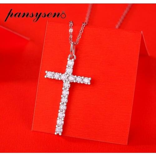 PANSYSEN Real Moissanite Cross Pendant Necklaces for Women Solid 925 Sterling Silver Fine Jewelry Necklace Wedding Bridal Gifts