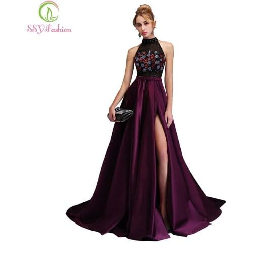 SSYFashion New Luxury Evening Dress High-end Custom Purple Satin Halter Beading High-slit Sweep Train Prom Party Formal Gown