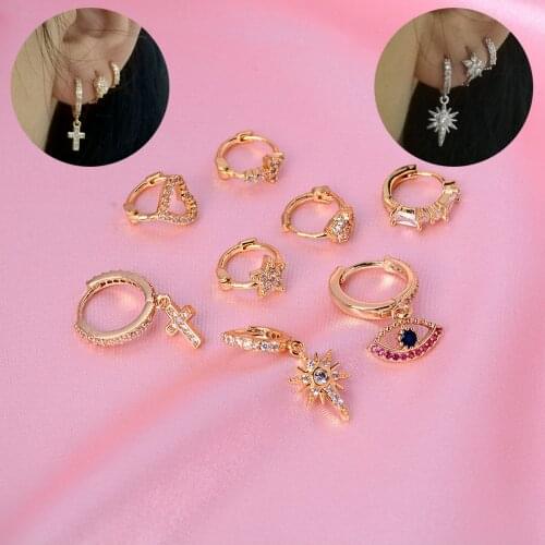 1Pcs Cute Crystal Rhinestone Round Mini Small Hoop Earrings Trendy Cross Star Moon Skull Heart Circle CZ Earrings Jewelry Gifts