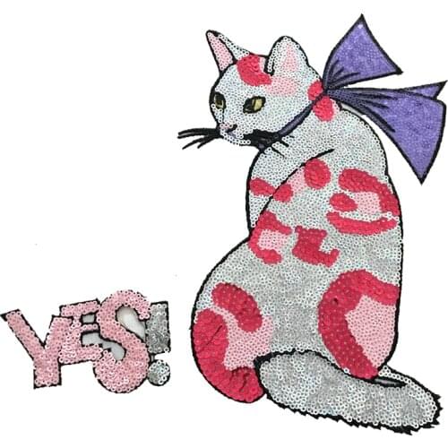 2019 New Yes Cat Sequined Iron on Patches for Clothes Cartoon Letters Cat Sequins Patch DIY Decorative Accessories 1set